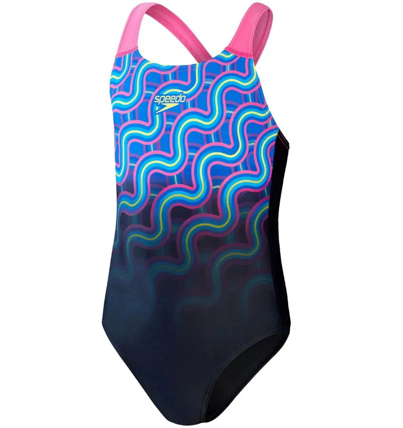 Speedo Girl's Digital Placement Splashback Swimsuit Black/Blue
